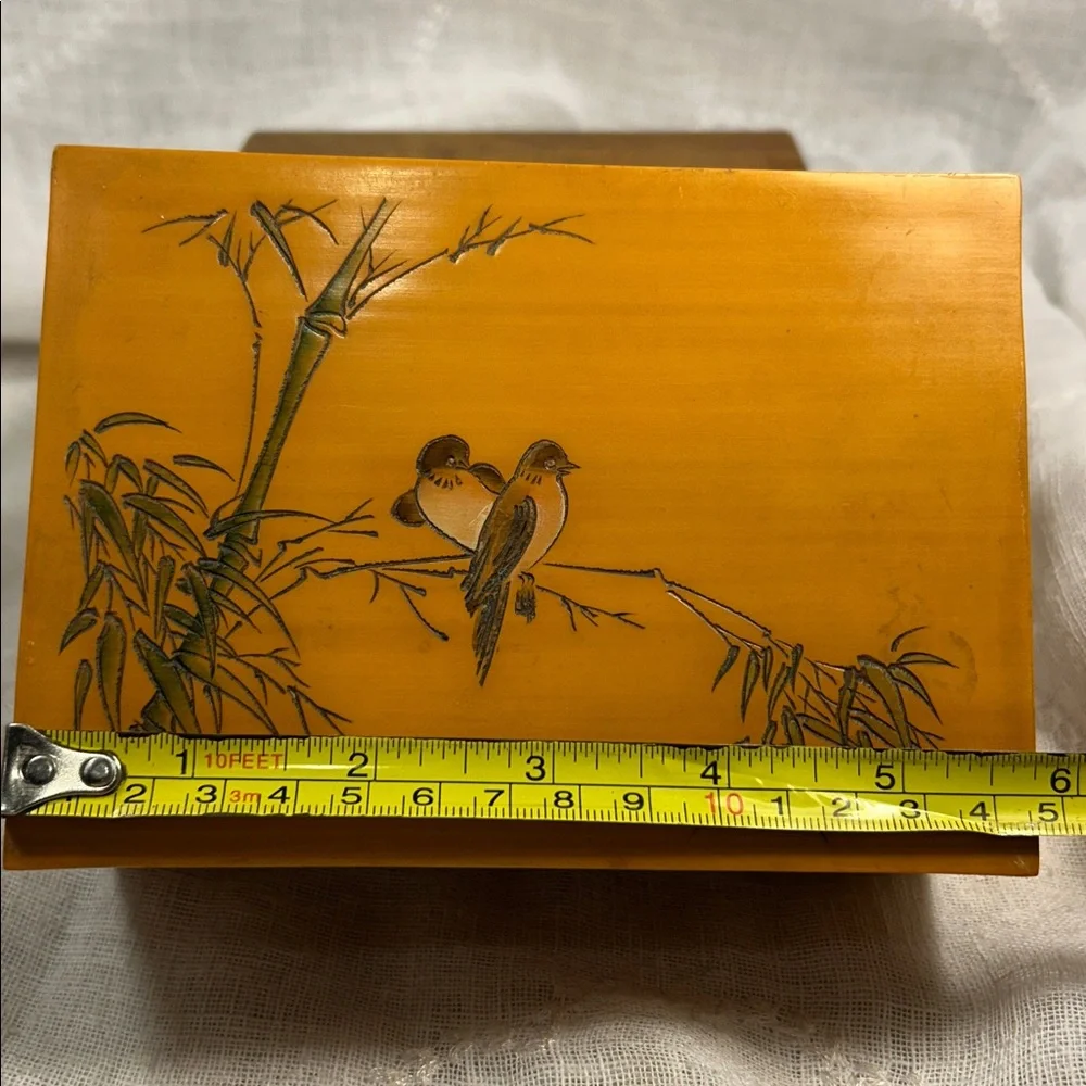 Vintage Jewelry wooden box with bamboo and birds hand painted